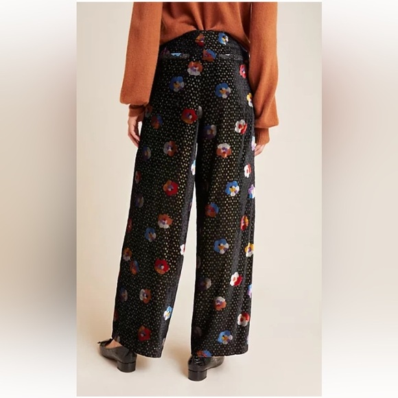 Anthropologie NWT Eva Franco Sz 0 Velvet Wide Leg Pants Black Motif Floral Glam - Picture 12 of 16